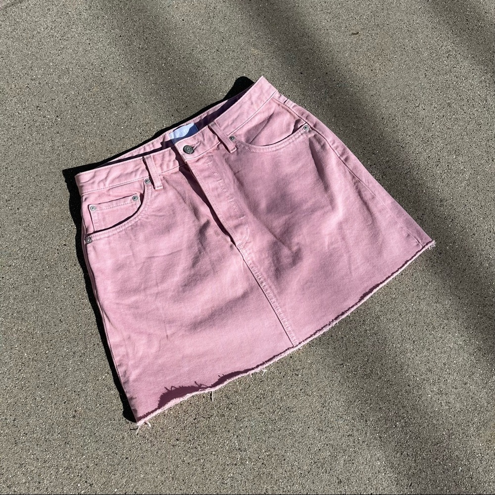 Boyish light pink denim raw hem button up fly front mini skirt‎